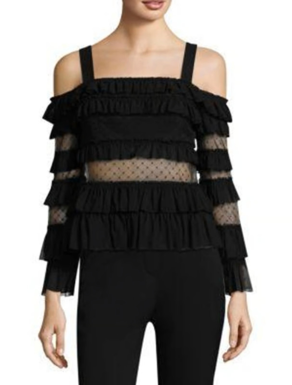 Alexis Karissa Ruffle Mesh Cold-Shoulder Square Neck Tank Top Black Womens Small